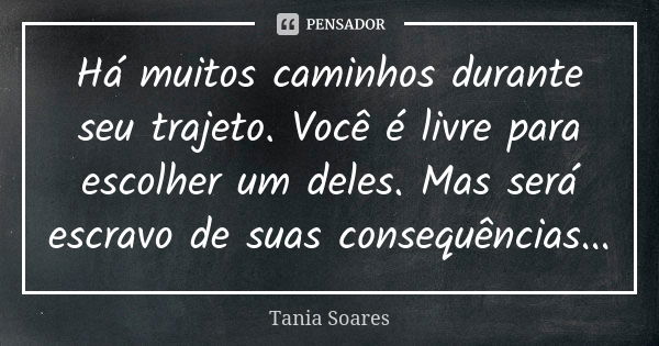 Há muitos caminhos durante seu trajeto. Você é livre para escolher um deles. Mas será escravo de suas consequências...... Frase de Tania Soares.