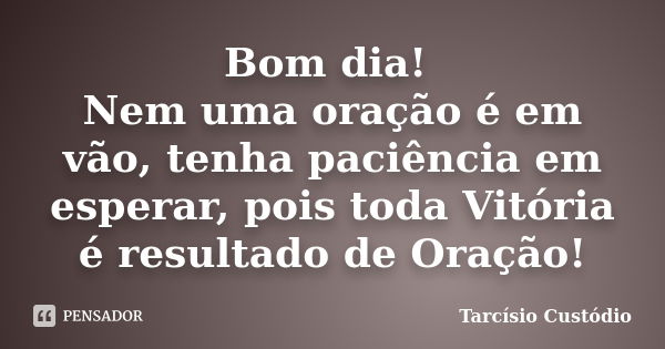 Bom dia! Nem uma oração é em vão, tenha paciência em esperar, pois toda Vitória é resultado de Oração!... Frase de Tarcísio Custódio.