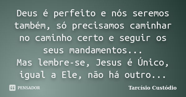 Deus é perfeito e nós seremos também, só precisamos caminhar no caminho certo e seguir os seus mandamentos... Mas lembre-se, Jesus é Único, igual a Ele, não há ... Frase de Tarcísio Custódio.