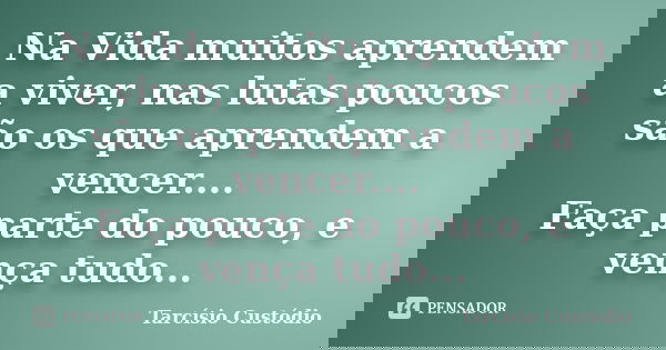 Na Vida muitos aprendem a viver, nas lutas poucos são os que aprendem a vencer.... Faça parte do pouco, e vença tudo...... Frase de Tarcísio Custódio.