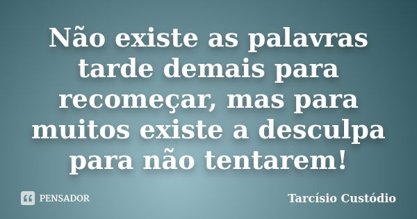 Não existe as palavras tarde demais para recomeçar, mas para muitos existe a desculpa para não tentarem!... Frase de Tarcísio Custódio.