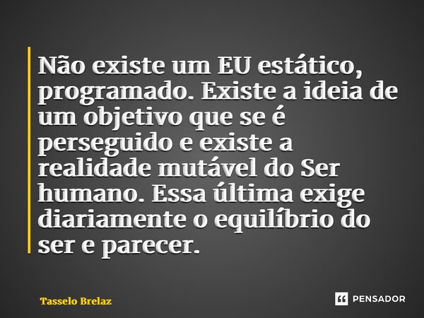 ⁠Não existe um EU estático, programado. Existe a ideia de um objetivo que se é perseguido e existe a realidade mutável do Ser humano. Essa última exige diariame... Frase de Tasselo Brelaz.