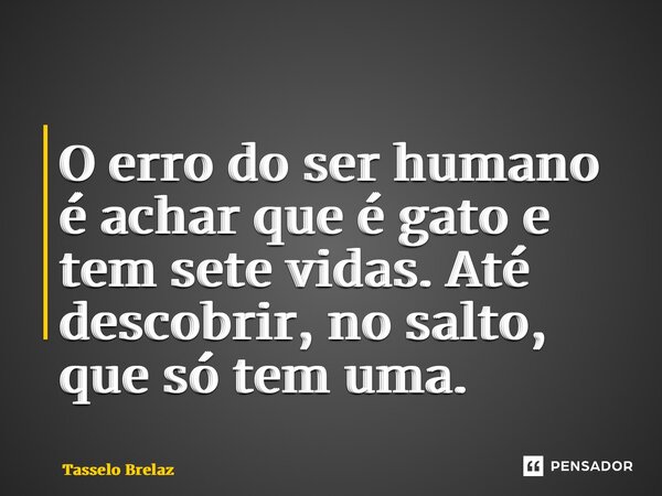 ⁠O erro do ser humano é achar que é gato e tem sete vidas. Até descobrir, no salto, que só tem uma.... Frase de Tasselo Brelaz.
