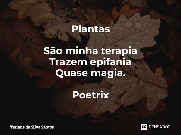 Plantas
⁠
São minha terapia
Trazem epifania
Quase magia. Poetrix... Frase de Tatiane da Silva Santos.