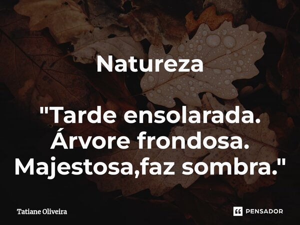 ⁠Natureza "Tarde ensolarada. Árvore frondosa. Majestosa,faz sombra."... Frase de Tatiane Oliveira.