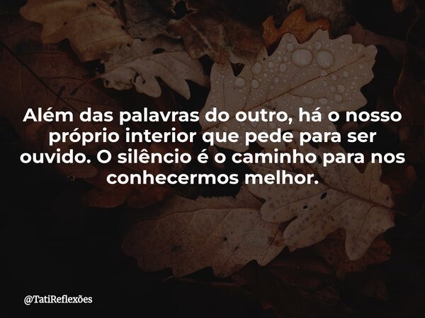 Além das palavras do outro, há o nosso próprio interior que pede para ser ouvido. O silêncio é o caminho para nos conhecermos melhor.... Frase de TatiReflexões.