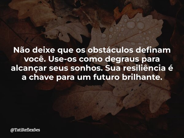 Não deixe que os obstáculos definam você. Use-os como degraus para alcançar seus sonhos. Sua resiliência é a chave para um futuro brilhante.... Frase de TatiReflexões.