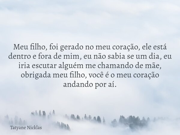 Meu filho, foi gerado no meu coração, ele está dentro e fora de mim, eu não sabia se um dia, eu iria escutar alguém me chamando de mãe, obrigada meu filho, você... Frase de Tatyane Nicklas.