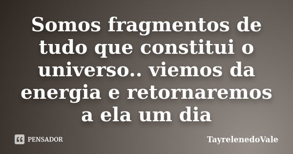 Somos fragmentos de tudo que constitui o universo.. viemos da energia e retornaremos a ela um dia... Frase de TayrelenedoVale.