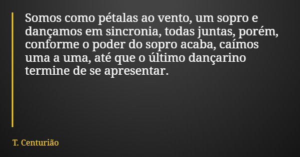 Somos como pétalas ao vento, um sopro e dançamos em sincronia, todas juntas, porém, conforme o poder do sopro acaba, caímos uma a uma, até que o último dançarin... Frase de T. Centurião.