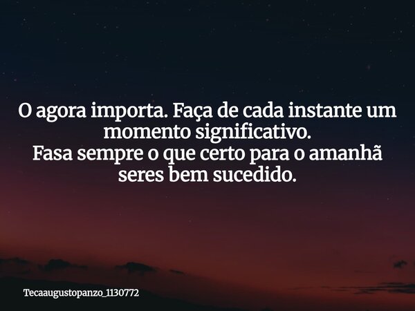O agora importa. Faça de cada instante um momento significativo. Fasa sempre o que certo para o amanhã seres bem sucedido.... Frase de Teca Panzo(A esperança do amanhã).