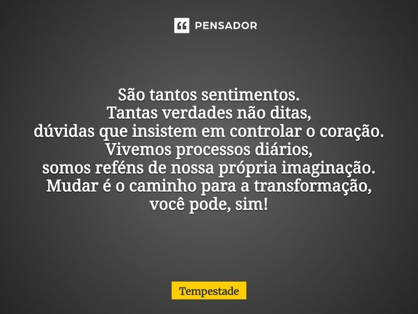 São tantos sentimentos. Tantas verdades não ditas, dúvidas que insistem em controlar o coração. Vivemos processos diários, somos reféns de nossa própria imagin... Frase de Tempestade.