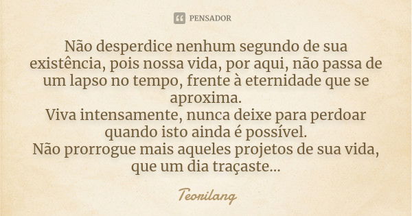 Não desperdice nenhum segundo de sua existência, pois nossa vida, por aqui, não passa de um lapso no tempo, frente à eternidade que se aproxima. Viva intensamen... Frase de Teorilang.