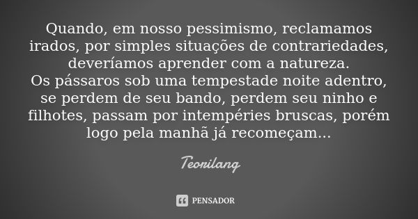 Quando, em nosso pessimismo, reclamamos irados, por simples situações de contrariedades, deveríamos aprender com a natureza. Os pássaros sob uma tempestade noit... Frase de Teorilang.