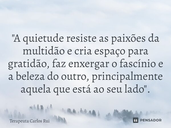 ⁠"A quietude resiste as paixões da multidão e cria espaço para gratidão, faz enxergar o fascínio e a beleza do outro, principalmente aquela que está ao seu... Frase de Terapeuta Carlos Rui.