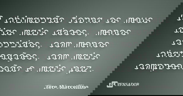 O chimarrão torna os meus dias mais doces, menos corridos, com menos chateações, com mais compreensão e mais paz.... Frase de Tere Marcellino.