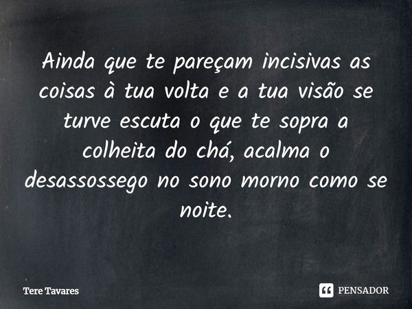⁠Ainda que te pareçam incisivas as coisas à tua volta e a tua visão se turve escuta o que te sopra a colheita do chá, acalma o desassossego no sono morno como s... Frase de Tere Tavares.