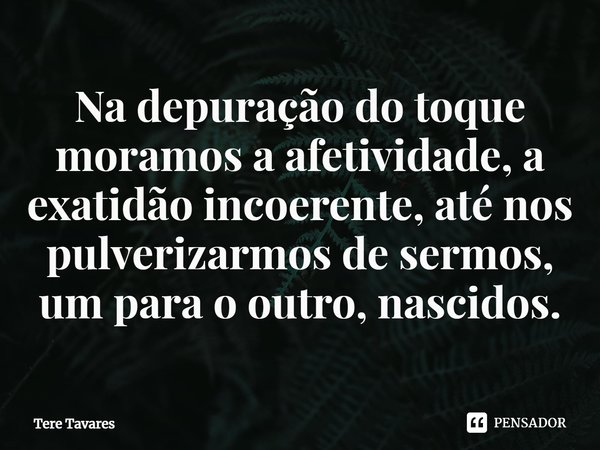 ⁠Na depuração do toque moramos a afetividade, a exatidão incoerente, até nos pulverizarmos de sermos, um para o outro, nascidos.... Frase de Tere Tavares.