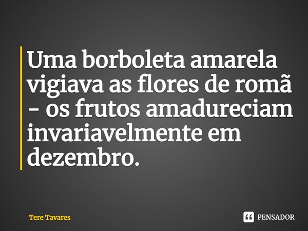 ⁠Uma borboleta amarela vigiava as flores de romã - os frutos amadureciam invariavelmente em dezembro.... Frase de Tere Tavares.
