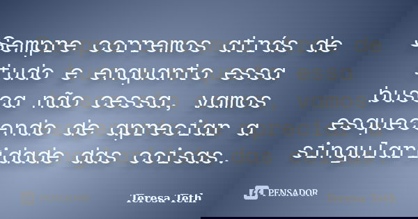 Sempre corremos atrás de tudo e enquanto essa busca não cessa, vamos esquecendo de apreciar a singularidade das coisas.... Frase de Teresa Teth.