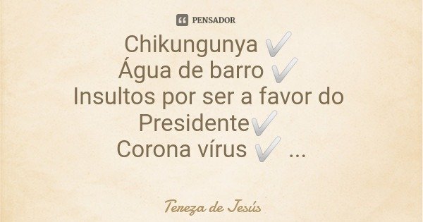Chikungunya ✅ Água de barro ✅ Insultos por ser a favor do Presidente✅ Corona vírus ✅ Sou Guerreira✅... Frase de Tereza de Jesús.