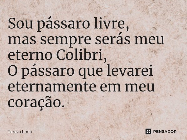 ⁠Sou pássaro livre, mas sempre serás meu eterno Colibri, O pássaro que levarei eternamente em meu coração.... Frase de Tereza Lima.