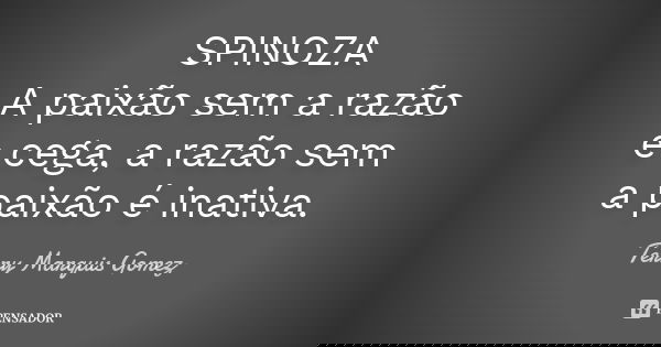 SPINOZA A paixão sem a razão e cega, a razão sem a paixão é inativa.... Frase de Terry Marquis Gomez.