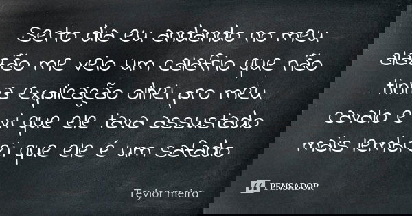 Serto dia eu andando no meu alazão me veio um calafrio que não tinha explicação olhei pro meu cavalo e vi que ele tava assustado mais lembrei que ele é um safad... Frase de Teylor meira.