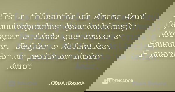 Eis a filosofia da Arara Azul (Anodorhynchus hyacinthinus): Abraçar a linha que cruza o Equador. Beijar o Atlântico. E guardar no peito um único Amor.... Frase de Thaís Bonato.