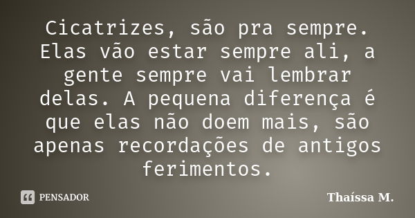 Cicatrizes, são pra sempre. Elas vão estar sempre ali, a gente sempre vai lembrar delas. A pequena diferença é que elas não doem mais, são apenas recordações de... Frase de Thaíssa M..