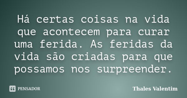 Há certas coisas na vida que acontecem para curar uma ferida. As feridas da vida são criadas para que possamos nos surpreender.... Frase de Thales Valentim.