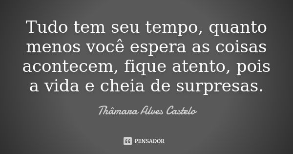 Tudo tem seu tempo, quanto menos você espera as coisas acontecem, fique atento, pois a vida e cheia de surpresas.... Frase de Thâmara Alves Castelo.