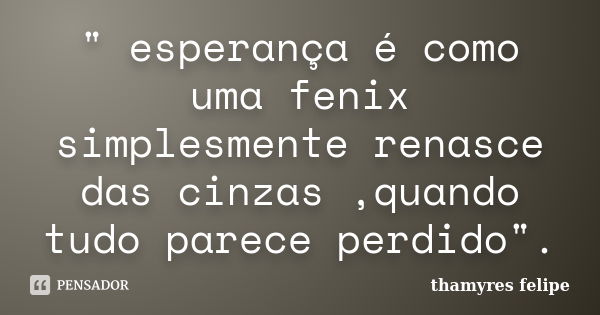 " esperança é como uma fenix simplesmente renasce das cinzas ,quando tudo parece perdido".... Frase de thamyres felipe.