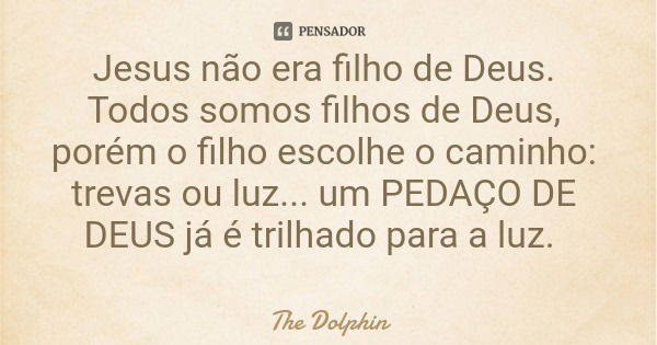 Jesus não era filho de Deus. Todos somos filhos de Deus, porém o filho escolhe o caminho: trevas ou luz... um PEDAÇO DE DEUS já é trilhado para a luz.... Frase de The Dolphin.