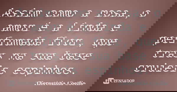 Assim como a rosa, o amor é a linda e perfumada flor, que tras na sua base cruieis espinhos.... Frase de Theresinha Coelho.