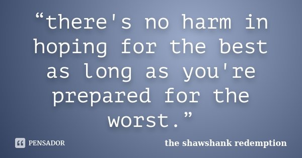 “there's no harm in hoping for the best as long as you're prepared for the worst.”... Frase de the shawshank redemption.