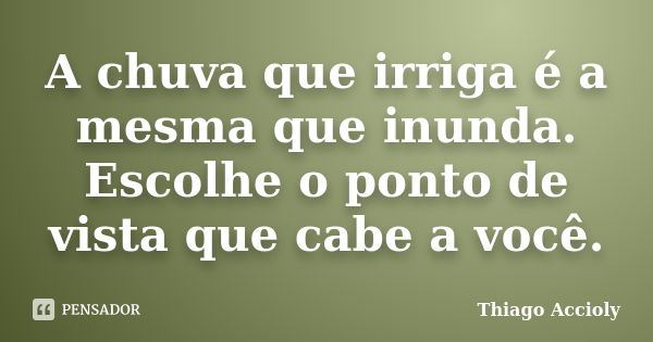 A chuva que irriga é a mesma que inunda. Escolhe o ponto de vista que cabe a você.... Frase de Thiago Accioly.