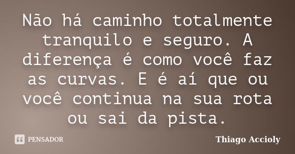 Não há caminho totalmente tranquilo e seguro. A diferença é como você faz as curvas. E é aí que ou você continua na sua rota ou sai da pista.... Frase de Thiago Accioly.