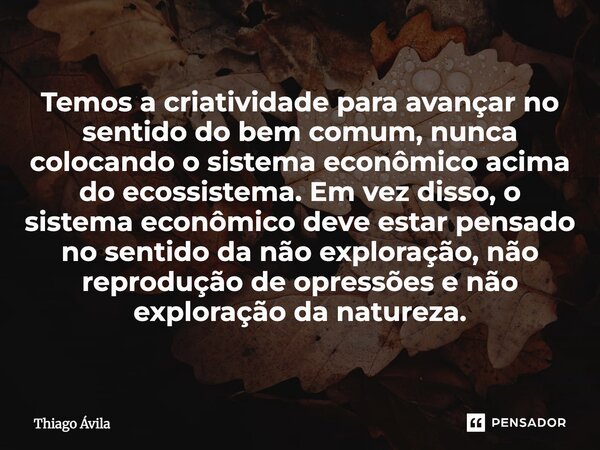 Temos a criatividade para avançar no sentido do bem comum, nunca colocando o sistema econômico acima do ecossistema. Em vez disso, o sistema econômico deve est... Frase de Thiago Ávila.