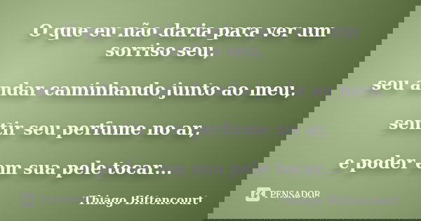O que eu não daria para ver um sorriso seu, seu andar caminhando junto ao meu, sentir seu perfume no ar, e poder em sua pele tocar...... Frase de Thiago Bittencourt.