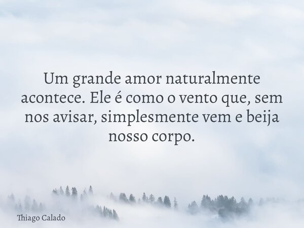 Um grande amor naturalmente acontece. Ele é como o vento que, sem nos avisar, simplesmente vem e beija nosso corpo.... Frase de Thiago Calado.