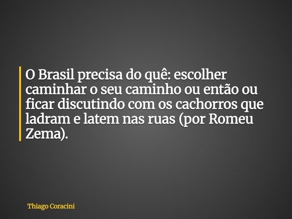 O Brasil precisa do quê: escolher caminhar o seu caminho ou então ou ficar discutindo com os cachorros que ladram e latem nas ruas (por Romeu Zema).... Frase de Thiago Coracini.