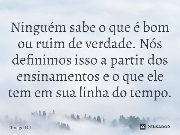 Ninguém sabe o que é bom ou ruim de verdade. Nós definimos isso a partir dos ensinamentos e o que ele tem em sua linha do tempo.... Frase de Thiago D.J.