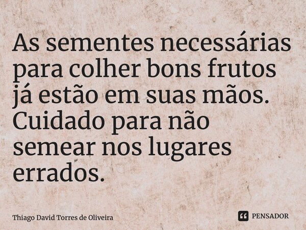 ⁠As sementes necessárias para colher bons frutos já estão em suas mãos. Cuidado para não semear nos lugares errados.... Frase de Thiago David Torres de Oliveira.
