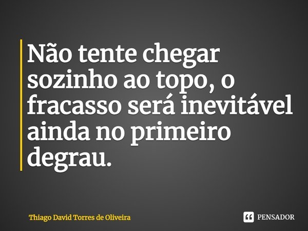 Não tente chegar sozinho ao topo, o fracasso será inevitável ainda no primeiro degrau.... Frase de Thiago David Torres de Oliveira.