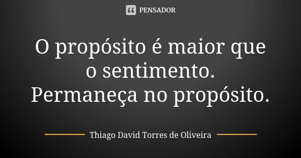 O propósito é maior que o sentimento. Permaneça no propósito.... Frase de Thiago David Torres de Oliveira.