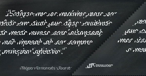 "Esforço-me ao máximo para ser perfeito em tudo que faço; evidente que esta meta nunca será alcançada, mas isso não impede de ser sempre o meu principal ob... Frase de Thiago Fernandes Duarte.
