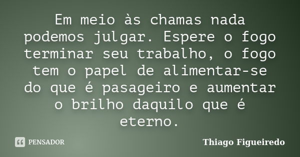 Em meio às chamas nada podemos julgar. Espere o fogo terminar seu trabalho, o fogo tem o papel de alimentar-se do que é pasageiro e aumentar o brilho daquilo qu... Frase de Thiago Figueiredo.