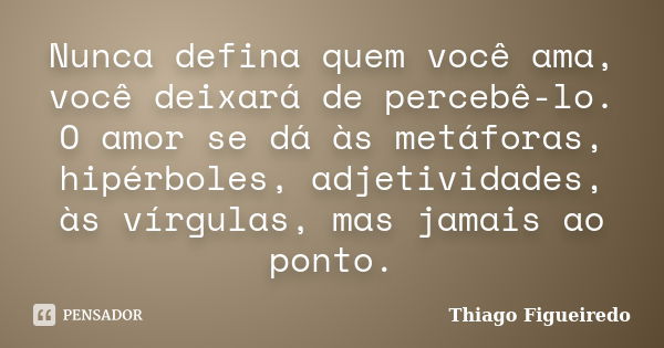 Nunca defina quem você ama, você deixará de percebê-lo. O amor se dá às metáforas, hipérboles, adjetividades, às vírgulas, mas jamais ao ponto.... Frase de Thiago Figueiredo.