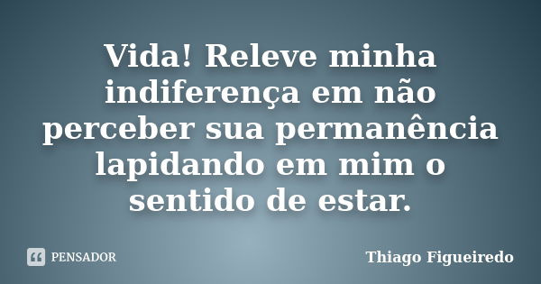 Vida! Releve minha indiferença em não perceber sua permanência lapidando em mim o sentido de estar.... Frase de Thiago Figueiredo.